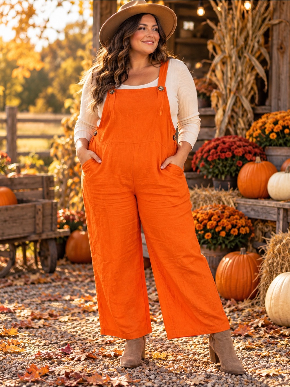Orange Overalls Cotton and Linen Blend Jumpsuit Size L